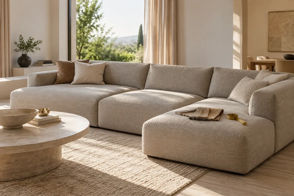 Modular corner sofa in taupe fabric with fabric swatches and a tape measure